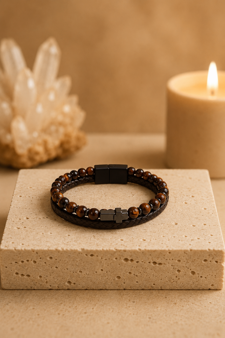 Pulseira Masculina com Olho de Tigre e Cruz de Hematite