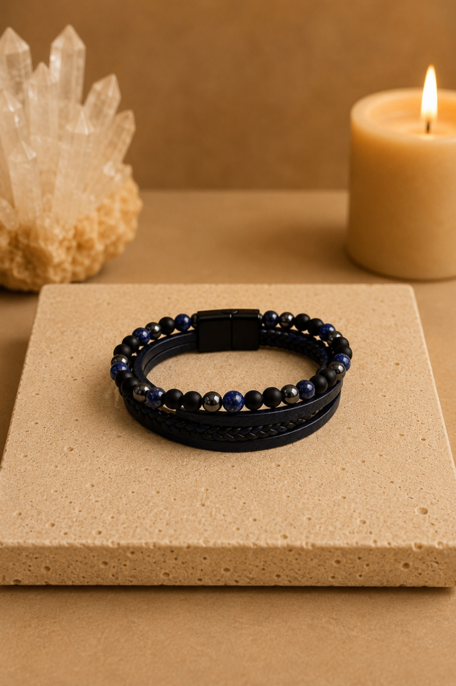 Pulseira Masculina com Lápis-Lazúli, Hematite e Ónix Mate