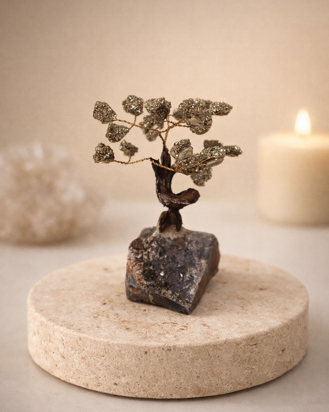 Árvore de Pirite com Base de Drusa de Ametista (M)