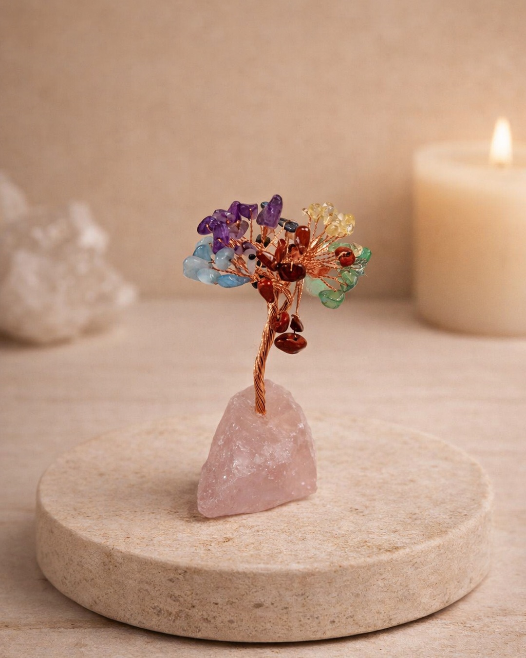 Árvore dos 7 Chakras com Base de Quartzo Rosa (M)