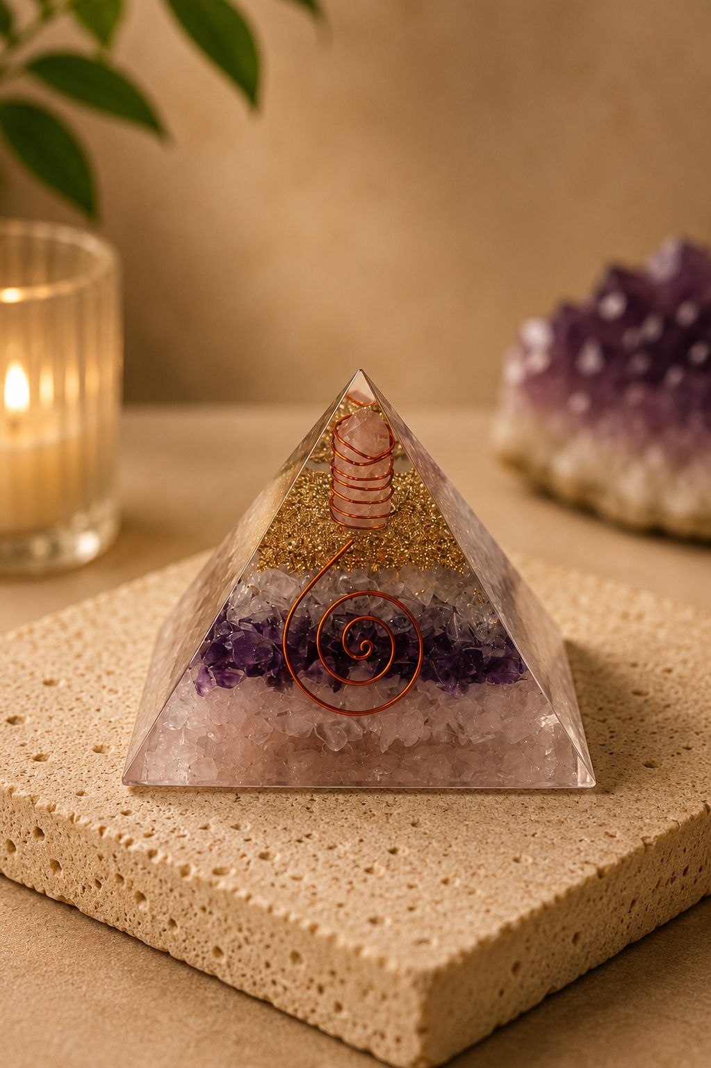 Pirâmide de Orgonite com Quartzo Rosa e Ametista